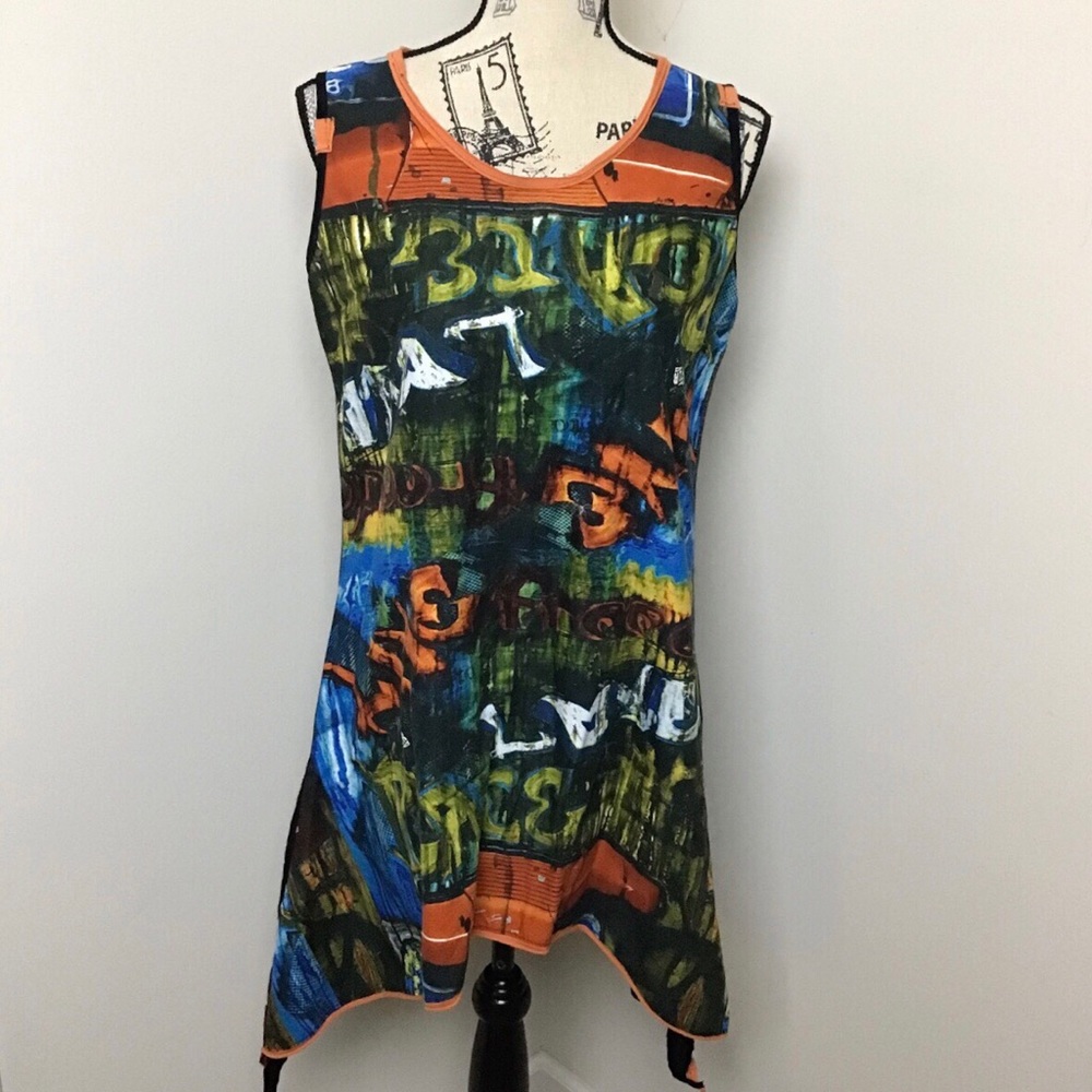 .050 Women’s Grey Blue Orange Random Art  Asymmetrical Sleeveless Mini Dress